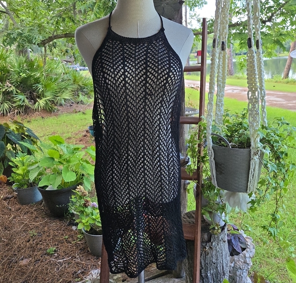 None Other - Black Mesh Halter Tie Swim Cover Up Size Large